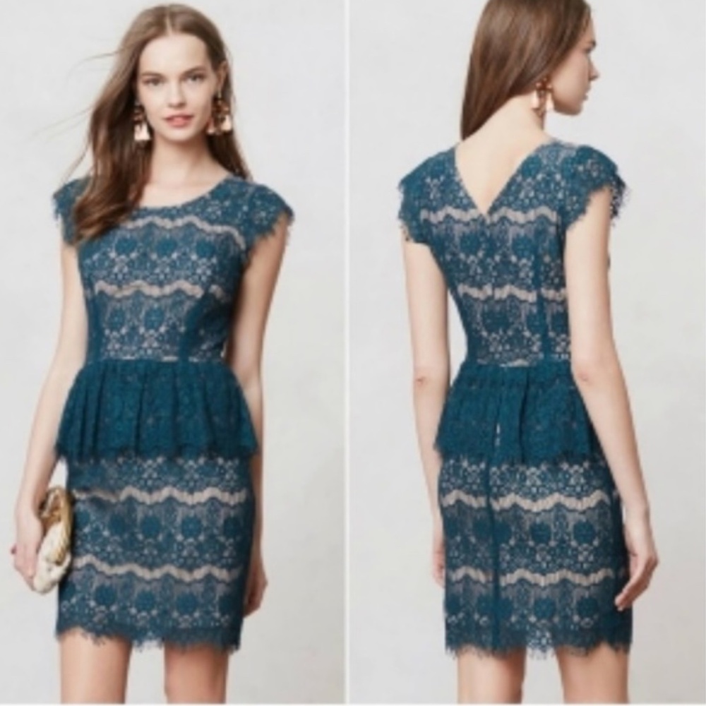 Anthropologie Maeve Teal Lace Sheath‎ Dress Size Large